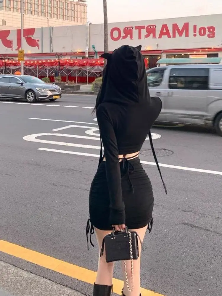 

Осень 2023, элегантное черное платье с капюшоном, женское повседневное облегающее мини-платье с длинным рукавом Y2k, офисное женское платье-двойка, цельное корейское платье