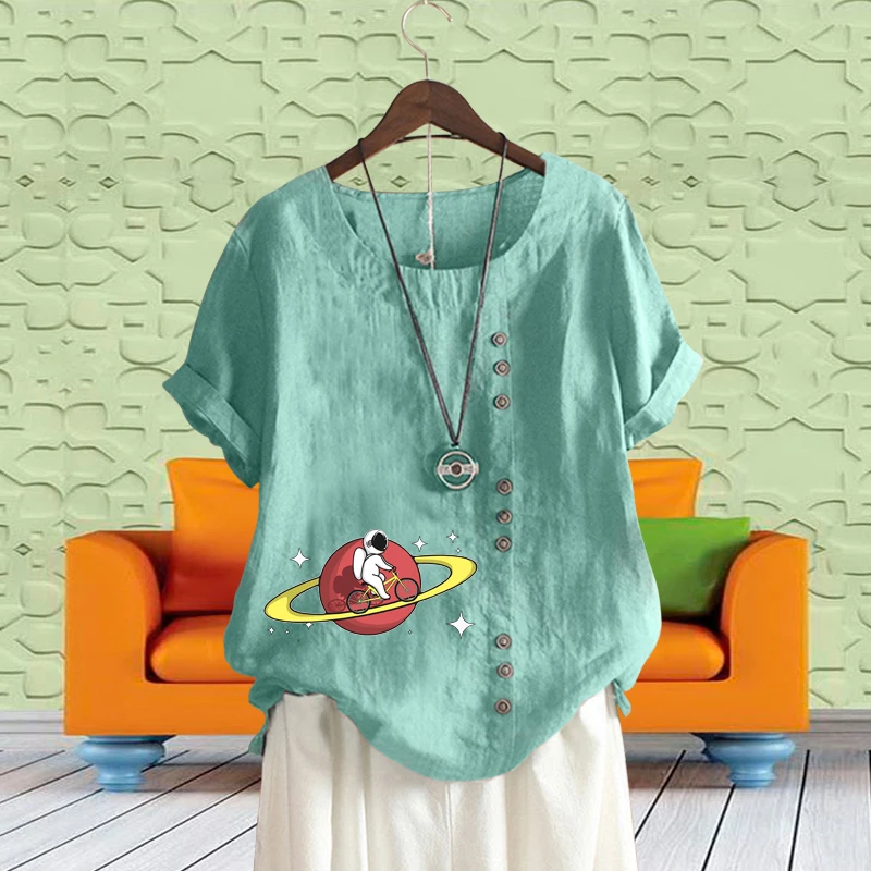 

Summer Lady's Multicolor Round Neck Astronaut Printed T Shirt Fashion Casual Short Sleeve Loose Cotton Linen Shirt Top XS-5XL