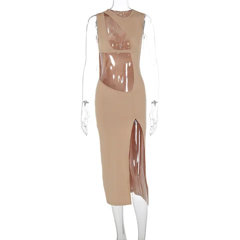 Женское пляжное платье-накидка, однотонное летнее платье из спандекса без рукавов с вырезами и разрезом, 2024