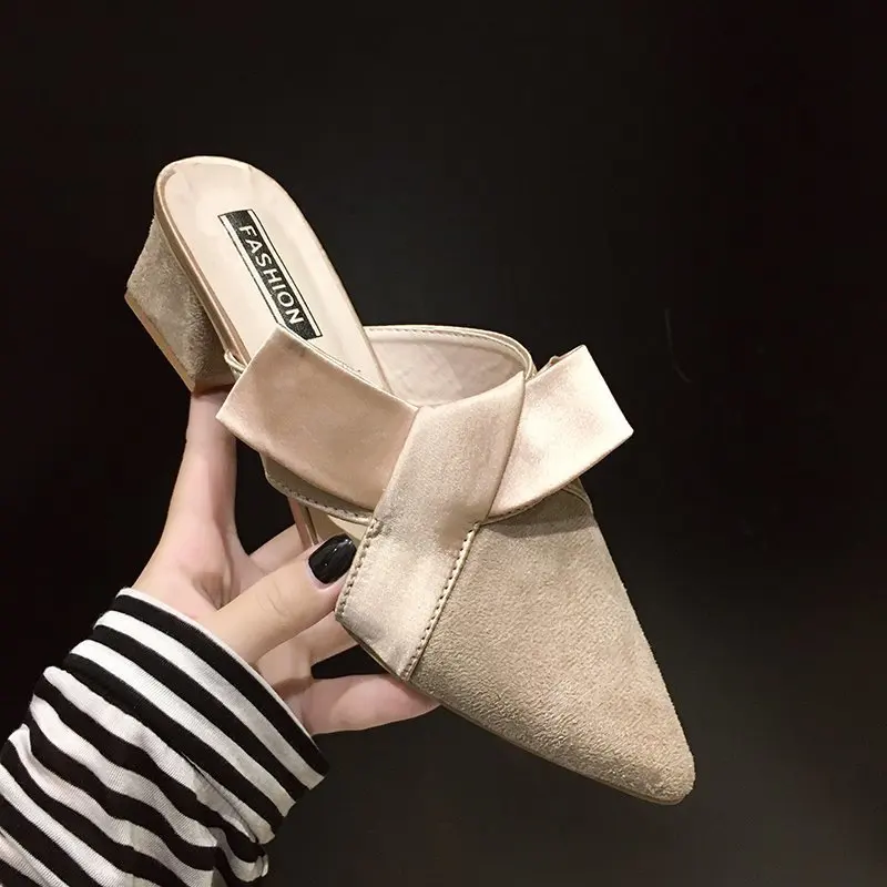 

2022 Hot Sales Pointed Toe Women Slippers Bow Slides Party Square High Heels Mules Shoes Elegant Ytmtloy Indoor Zapato Mujer