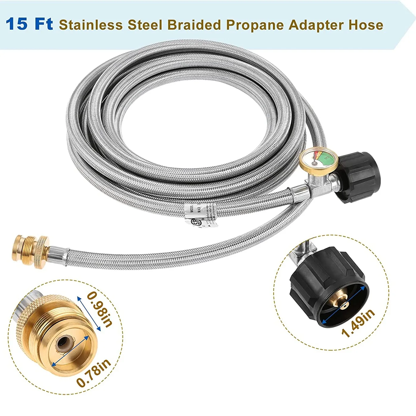 15Feet Stainless Steel Braided Propane Adapter Hose with Gauge,1lb To 20lb for QCC1/Type1 Tank Connects,Camp Burner Stove Heater