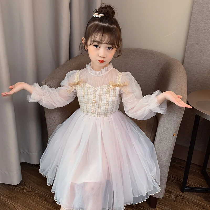 

Girls Dress Spring Autumn Children Princess Party Gauzy Patchwork Long Sleeve Dresses for Girl Sweet Bow Kids Birthday Clothes