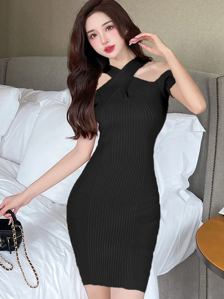 

harteen Off Shoulder Bodycon Dresses 2022 Summer Fashion Slim Sexy Black Mini Knit Dress For Women Korean Style Female Clothes