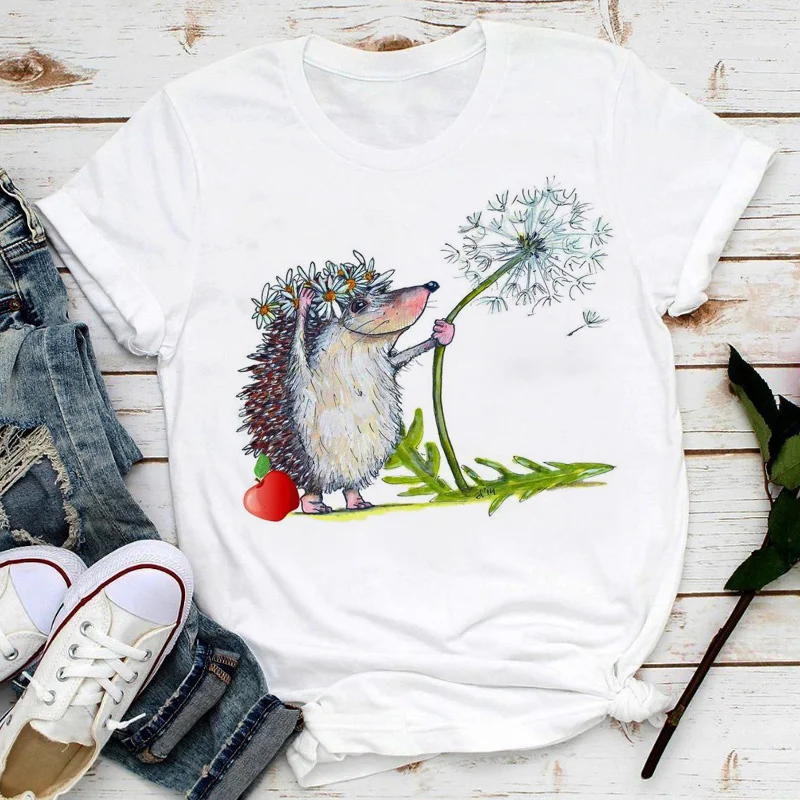 

Woman T Shirt Female Hedgehog With Dandelion Tshirts Loose Spring 2023 New Summer Tops Shirt Easy Matching Round Neck T-shirts