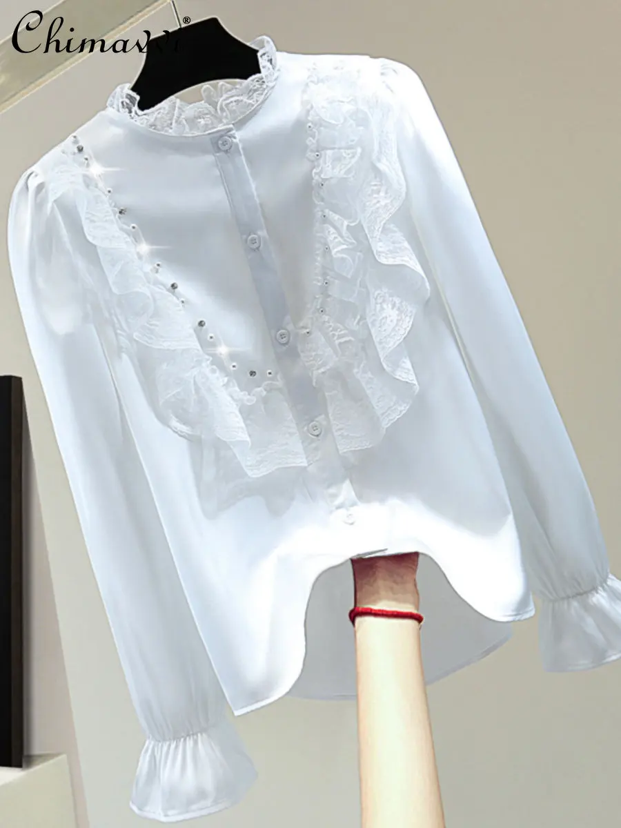

Lace Patchwork Ruffled Long Sleeve Shirt 2023 Spring New Korean Style Fashionable Slimming Beads Rhinestones Glossy Blouse