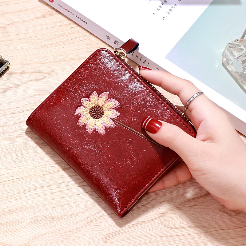 

Women's Purse Zipper Women's Purse PU Leather Card Clip Embroidered Women's Purse Simple and Portable Change Purse