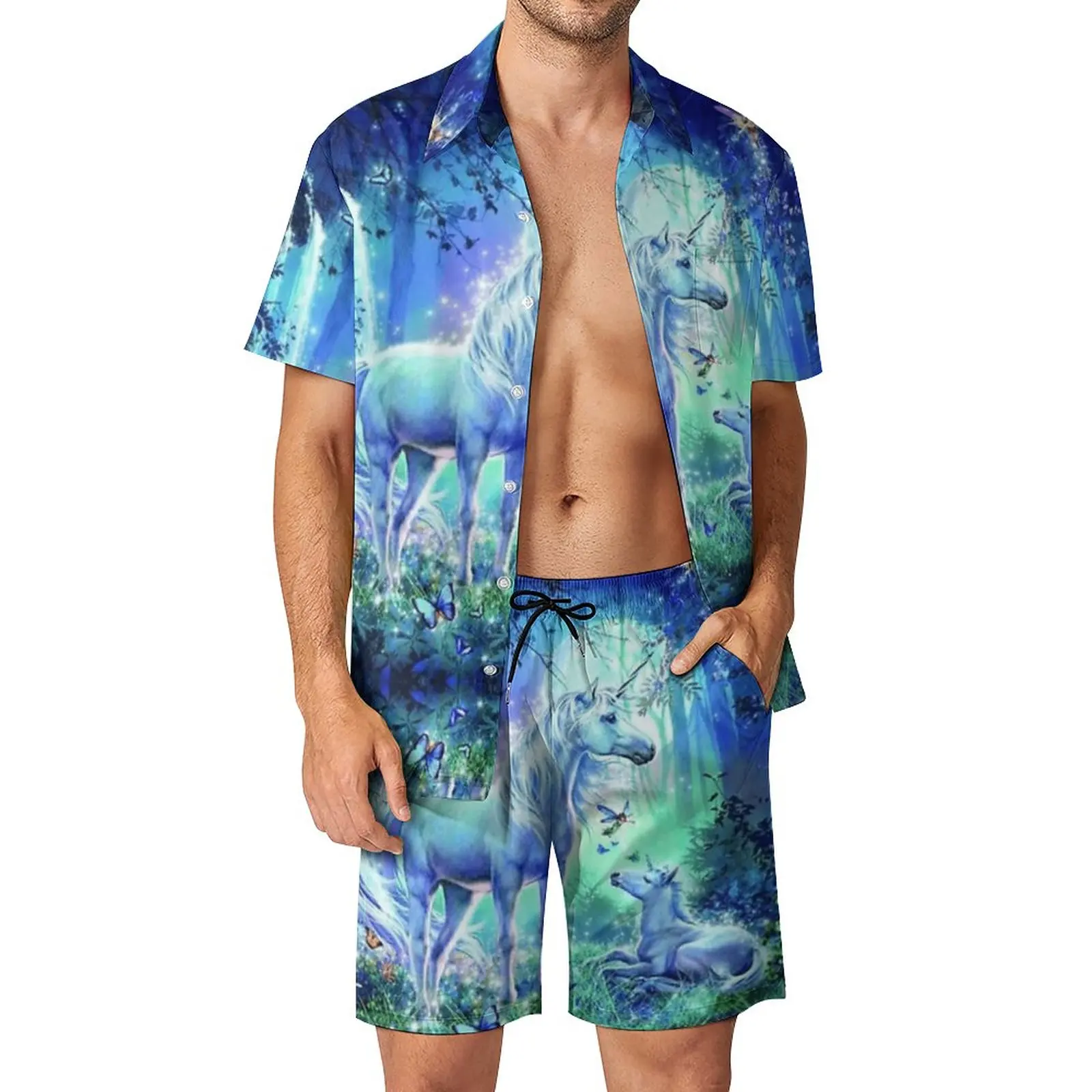 

Мужской пляжный костюм с единорогом, волшебный Сказочный пейзаж, 2 предмета, брючный костюм, винтажный пляжный комплект высшего качества, европейские размеры