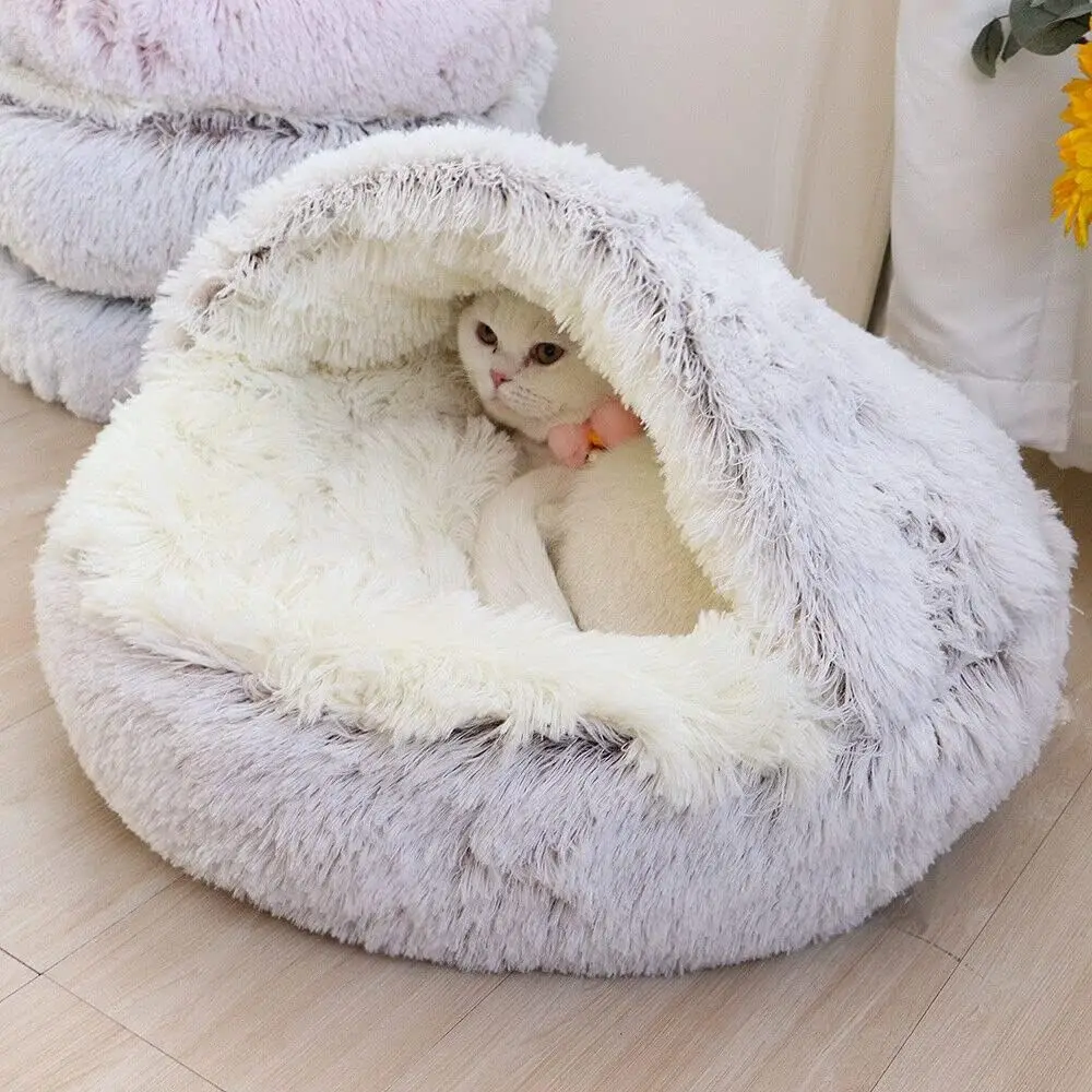   부드러운 봉제 원형 고양이 침대, 반려동물 매트리스, 따뜻하고 편안한 바구니, 고양이 강아지, 소형견용 침낭 둥지, 2 in 1 