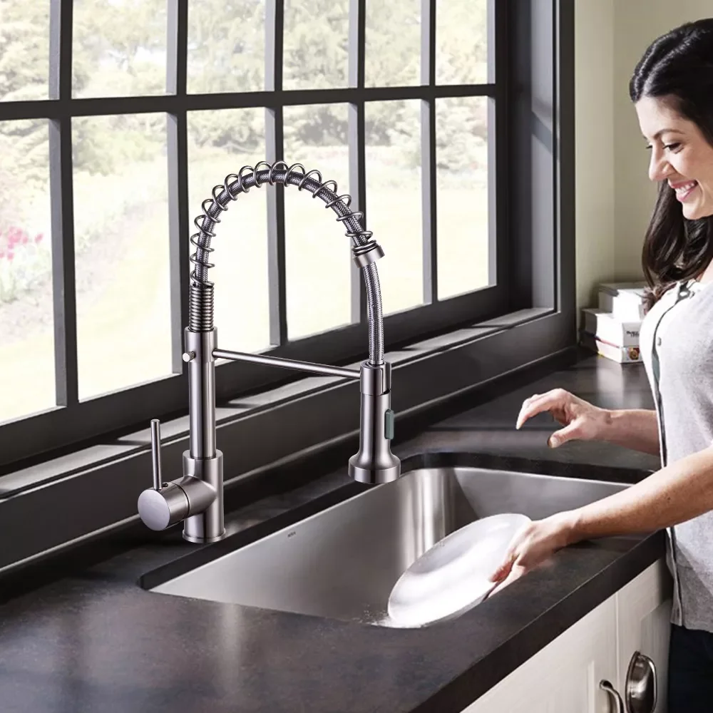 

Черный кухонный смеситель, вытяжной кухонный кран на пружине, с горячей и холодной водой, из латуни