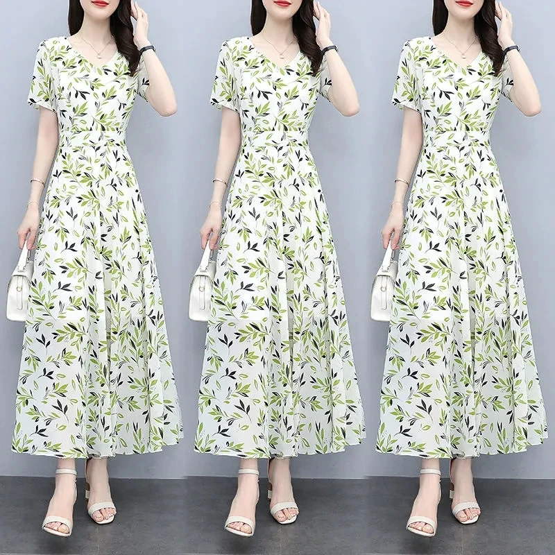 

Summer Chiffon Floral Print Dress Women Short Sleeve Vestidos De Mujer Elegantes Para Fiesta 2022 V Neck Casual Long Robe Femme