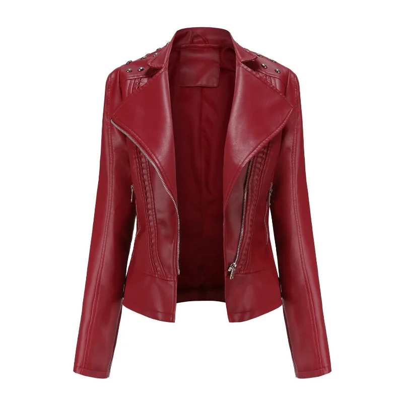 Spring and Autumn Thin Section Long-sleeved Fashion Jacket Lapel Motorcycle Suit Women's Beaded Leather Jacket