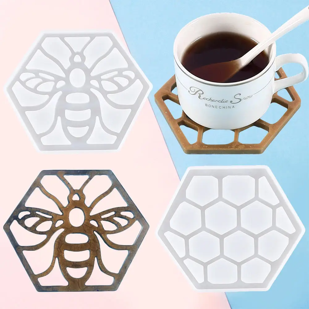 2pcs Bee Honeycomb Tableware Mats Silicone Hexagon Molds for Epoxy Resin Casting for Making Coasters Cup Holder Mats Resin Decor