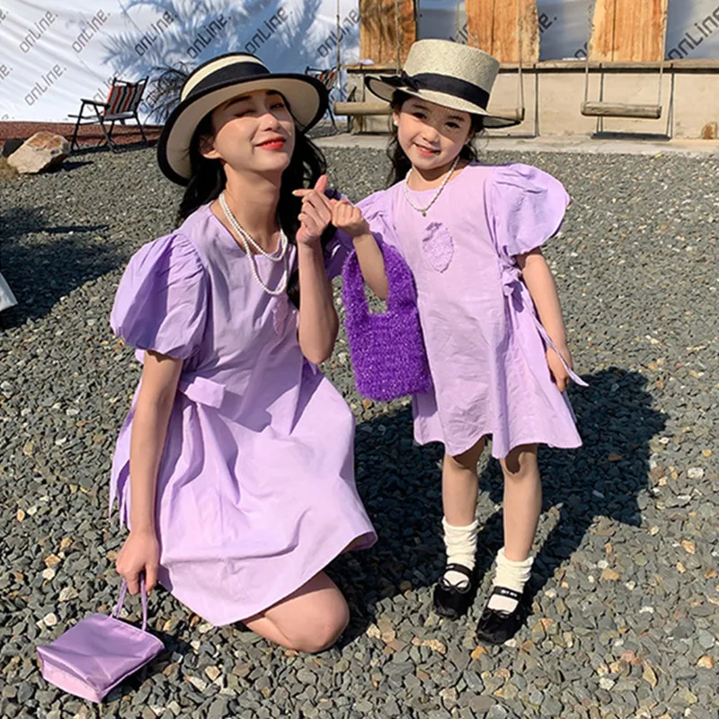 

Mother and Daughter Princess Dresses Mommy and Me Summer Clothes for Girls and Mom Matching Short Sleeve Dress Women Clothing