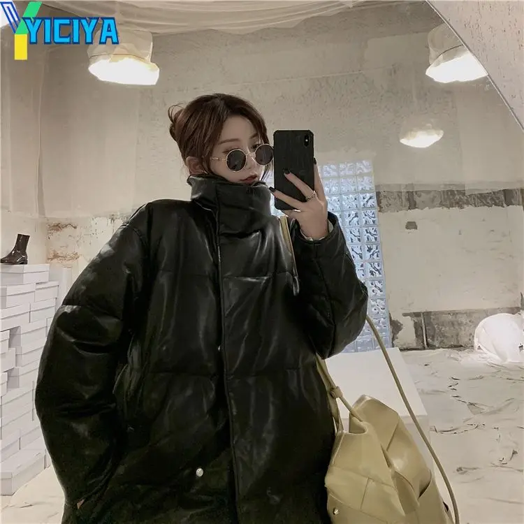 YICIYA Parkas Woman Winter 2023 Vintage Stand-collar Coverd-button Leather Jacket Puffer-coats Women Solid Trendy Leisure Simple