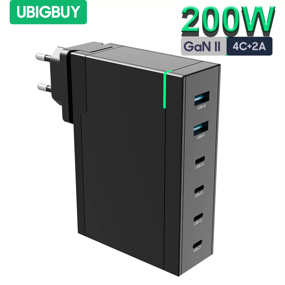 Зарядное устройство Ubigbuy сетевое с 6 USB-портами и поддержкой быстрой зарядки, 200/100 Вт