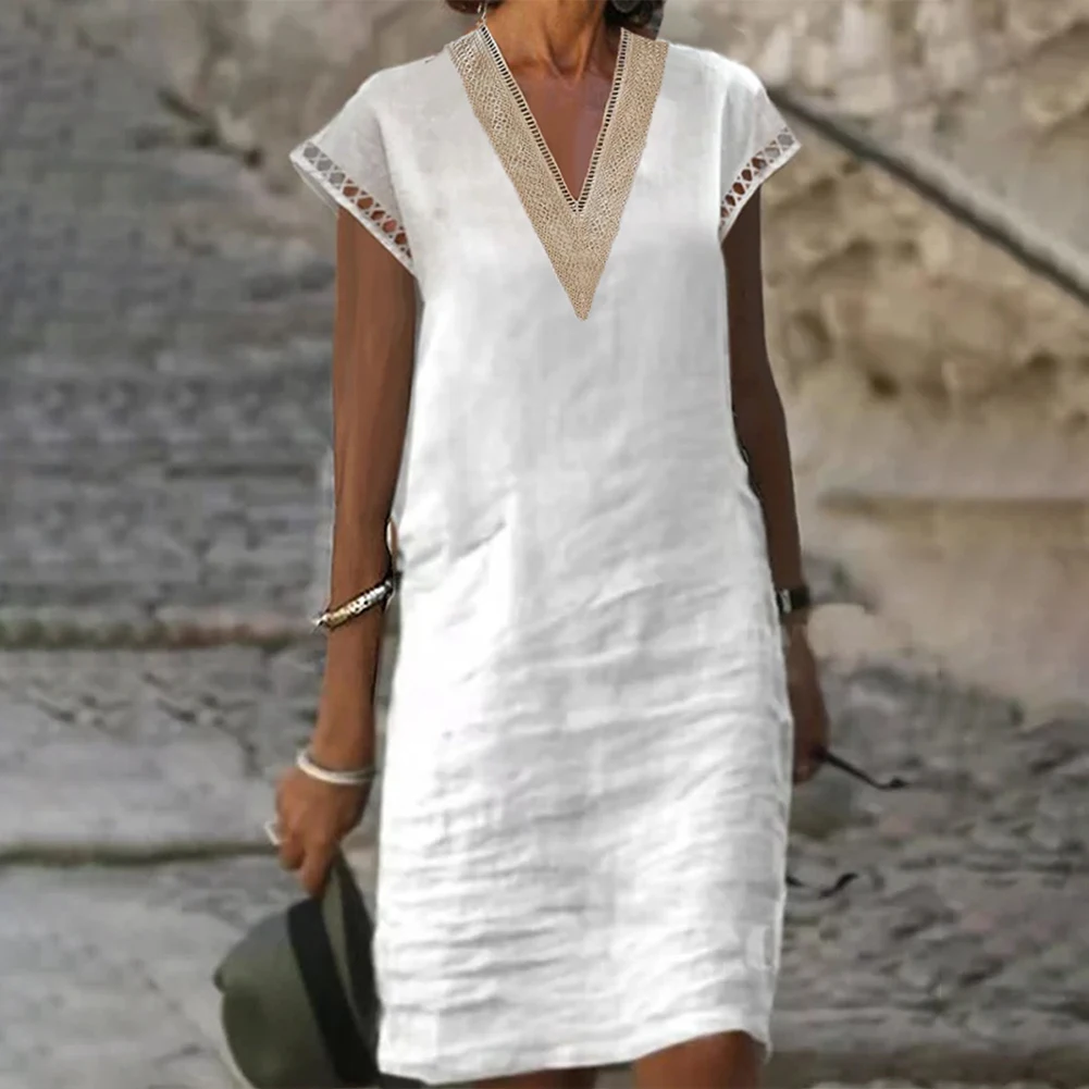 

Womens V Neck Loose Midi Dress Ladies Summer Casual Short Sleeve Baggy Sundress
