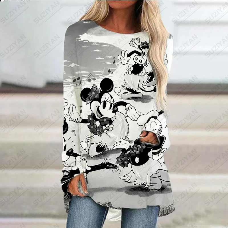 Women's Spring Short Skirt Long Sleeve Long Top 3D Printed Disney Loose A-line Round Neck Pullover 2023 New Large 5XL Minnie