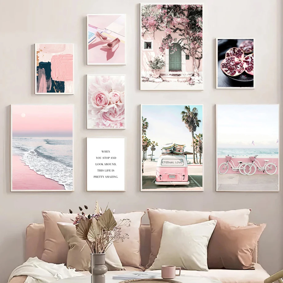 

Pink Fashion Beach Heels Bike Sea Car Flower Cocktail Wall Art Posters And Prints Canvas Painting Pictures For Living Room Decor