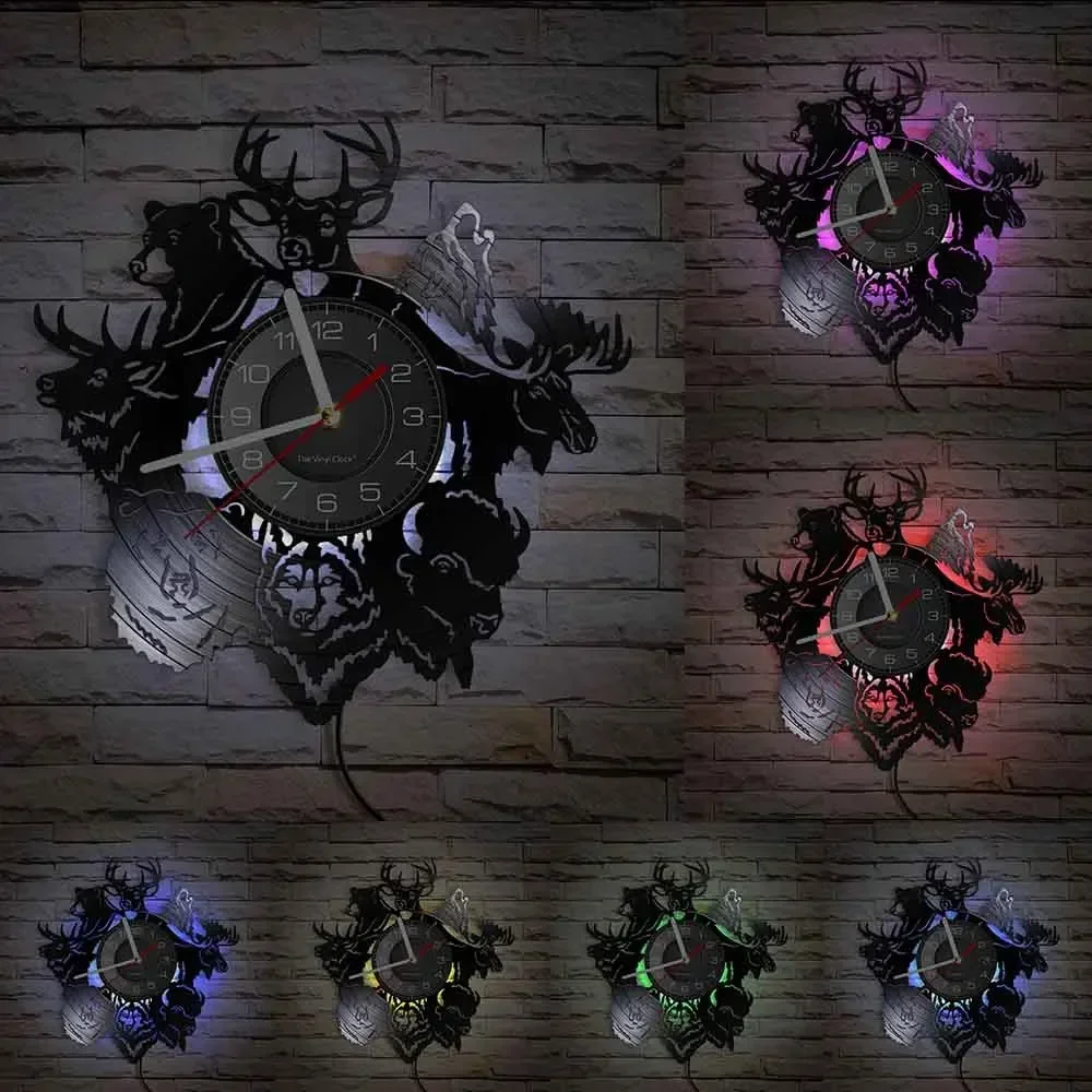 Виниловые Настенные часы с изображением диких животных оленя волк медведь бык