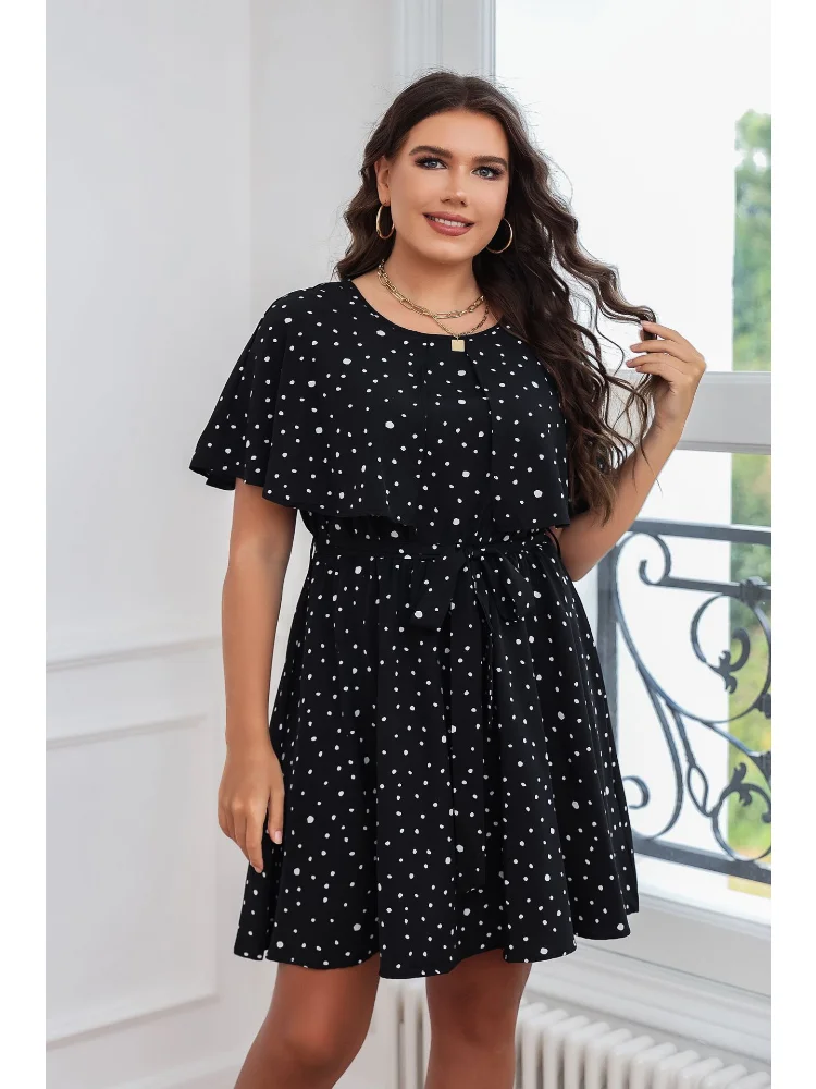 Summer new plus-size women fat mm French polka-dot slimming dress is the first slimming dress plus size women clothing