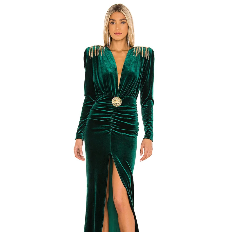 2022 Spring New Women Maxi Long Dresses Flannel Fashion Elegant Dress Female Long Sleeves Metal Tassel Long Evening Dress Green