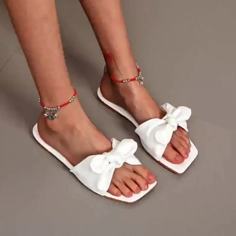 

Women Shoes PU Solid Summer Beach Slides Shoes Flip-Flops Ladies Girls Flat Bowknot Casual Sandals Slippers