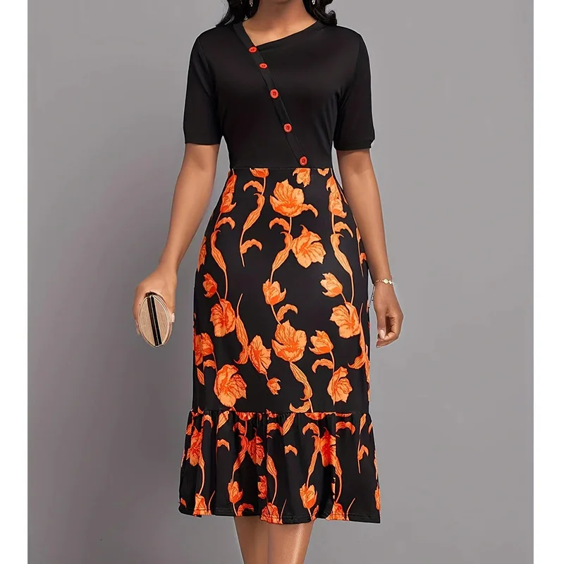 Elegant Women's Dresses New Slim Fit Printed Black Dress Robe Ete Femme 2024 Lange Jurken Vestidos De Verano Длинные Платья