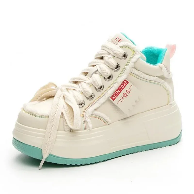 

7CM Cow Genuine Leather Mixed Color Ladies Chunky Sneakers Fashion Platform Wedge Thick Soled Spring Women Autumn Cute Shoes