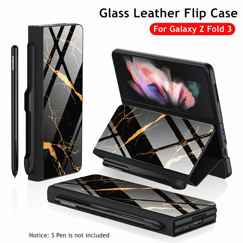 

Чехол для Samsung Galaxy Z Fold 3, S, с отделением для ручки, кожаный и закаленное стекло, флип-чехол с подставкой для Galaxy Z Fold3 (без ручки)
