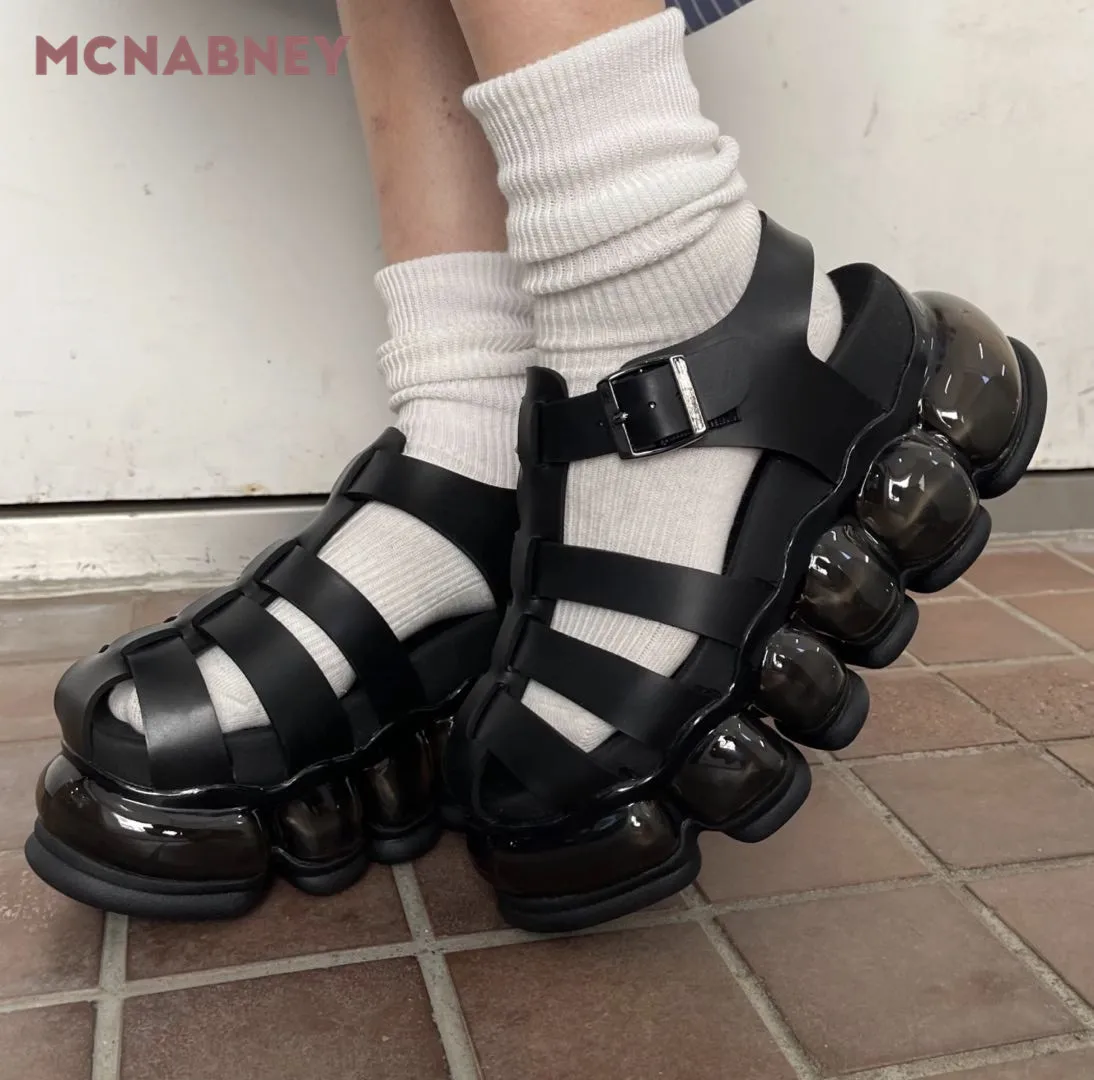 

Black Heightened Thick-Soled Hollow Sandals Summer New Baotou Roman Sandals Fashion Metal Buckle Casual Women's Shoes