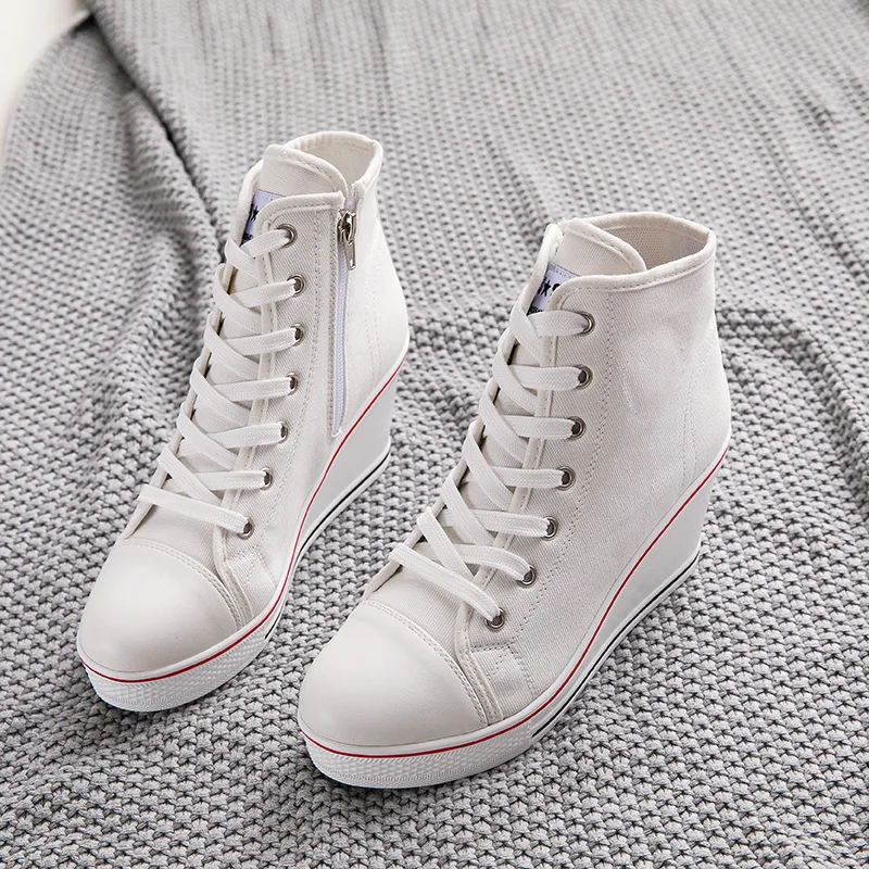 

White Wedge Canvas Shoes Woman Platform Vulcanized Shoes Hidden Heel Height Increasing Casual Shoes Female High Help Side Zipper