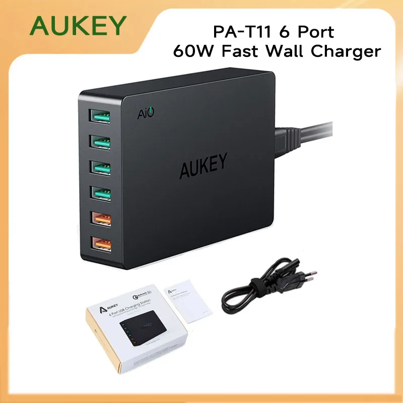 

AUKEY PA-T11 6 USB Port 60W Fast Wall Charger EU Plug Charging Station Qualcomm Quick Charge 3.0 Desktop Charger For Phone ipad