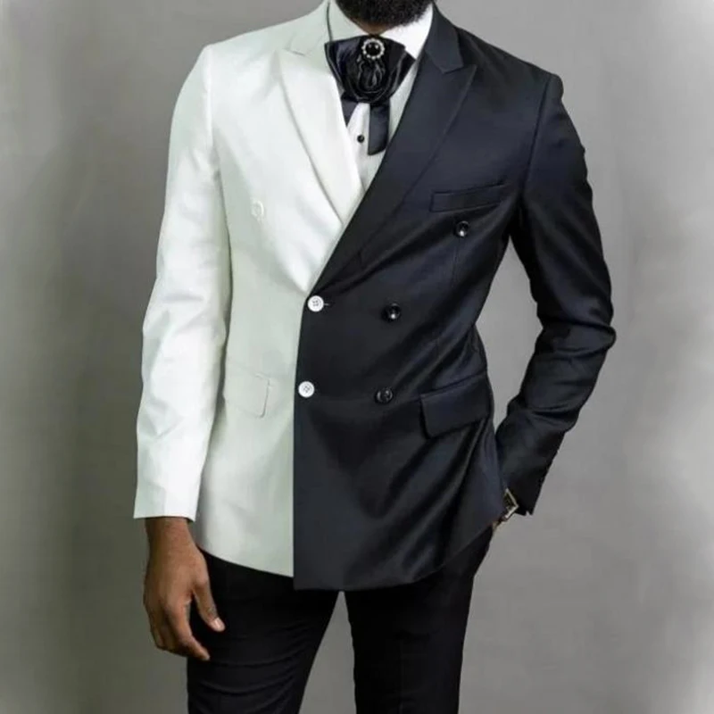 

Black and White Men Suits Peaked Lapel Double Breasted Prom Suits Slim Fit Blazer Jacket Men Tuxedos Groom Wedding Suits 2 Piece