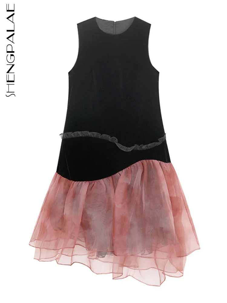 

SHENGPALAE Women Dress Velvet Loose A-line Patchwork Ruffles Round Neck Sleeveless Black 2022 Summer New Fashion Tide 5SD115