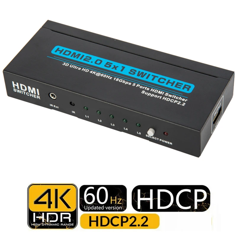 HDMI 2.0 Switch 5x1 5 IN 1 OUT Switcher 4K 60Hz 4:4:4 HDCP 2.2 3D HDR for MI TV Box PS3 PS4 Laptop PC To TV Monitor Projector