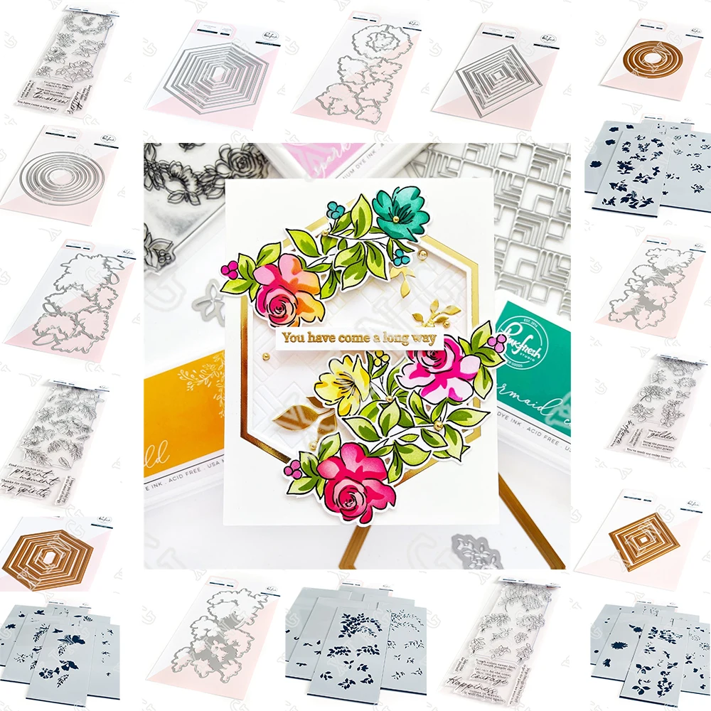 

2022 Nested Hexagons Diamonds Circles Rainbow Clear Stamps Floral Hibiscus Fuchsias Dahlia Washi Metal Cut Dies Hot Foil Stencil