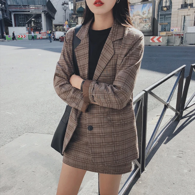 2022 клетчатый блейзер в стиле ретро однобортный пиджак и винтажная юбка-карандаш