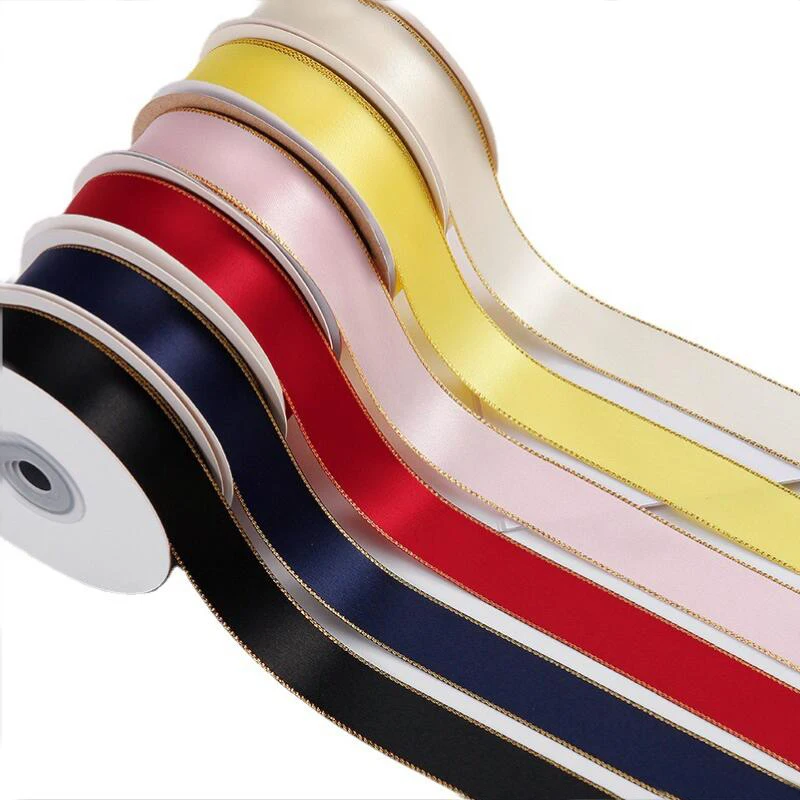

9mm Gold Double Sided Polyester Ribbon Flower Gift Box Packaging Ribbon Multicolor Gold Edge Bow Ribbon 100 Yards