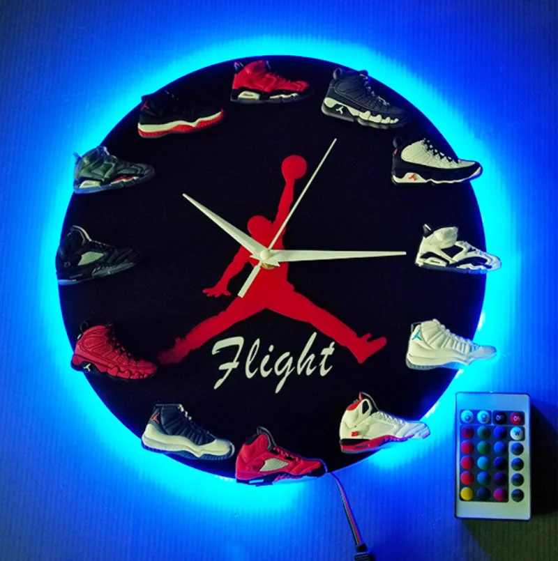 

3D Basketball Shoe Wall Clock Led Light DIY Clocks Flight Creative Sneakers Clock Modern Design Children Room Clock Boy's Gift