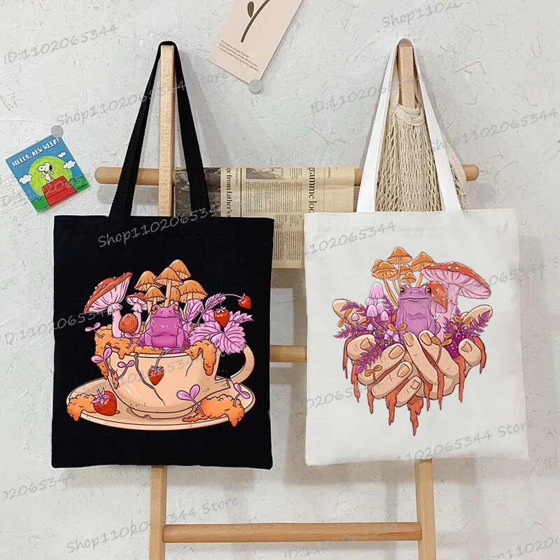 Забавные сумки с акварельными грибами и лягушкой женские мужские модные на плечо