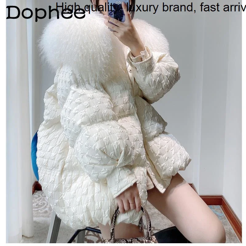 

Big White Duck Fur Collar Jacket Women Fashion Loose Warm Mid-Length Down Coat OuterWear 2023 Winter Clothes Parkas