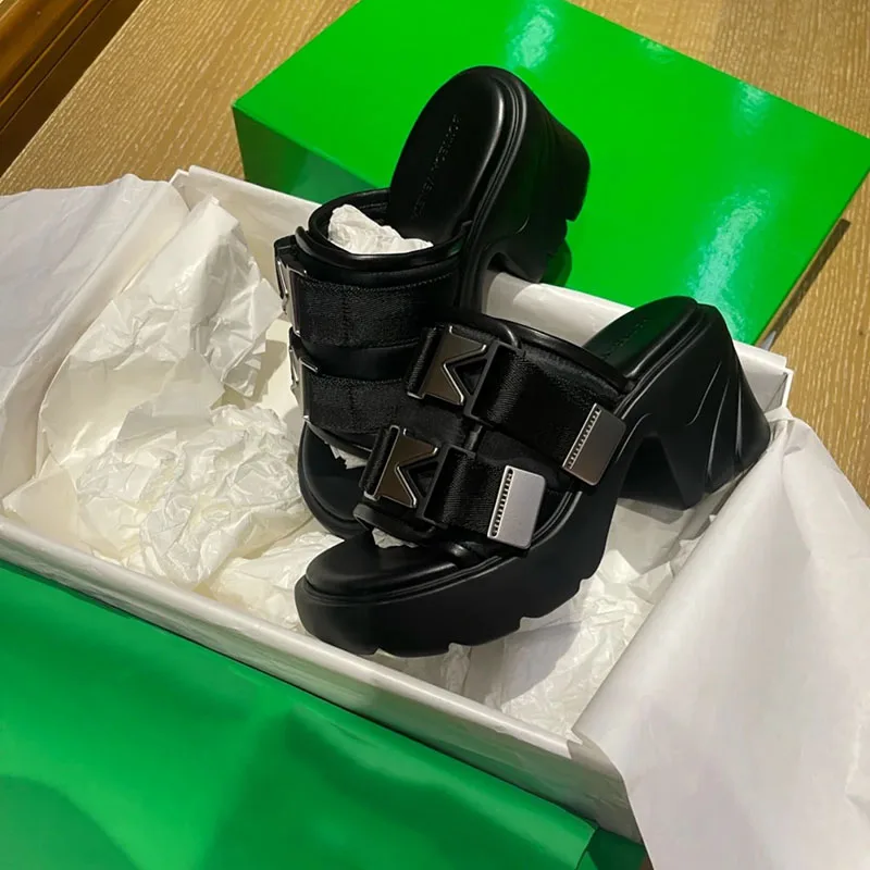 Women's Thick-Soled High-Heeled Half Slippers 2022 Spring and Summer New Platform All-Match Metal Buckle Slip-on Pumps