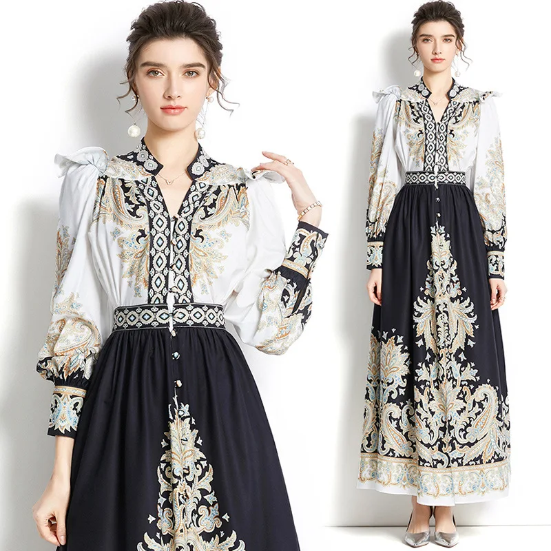 

Женское офисное платье с длинным рукавом, элегантное привлекательное длинное платье-качели с V-образным вырезом и принтом для отдыха вечерн...