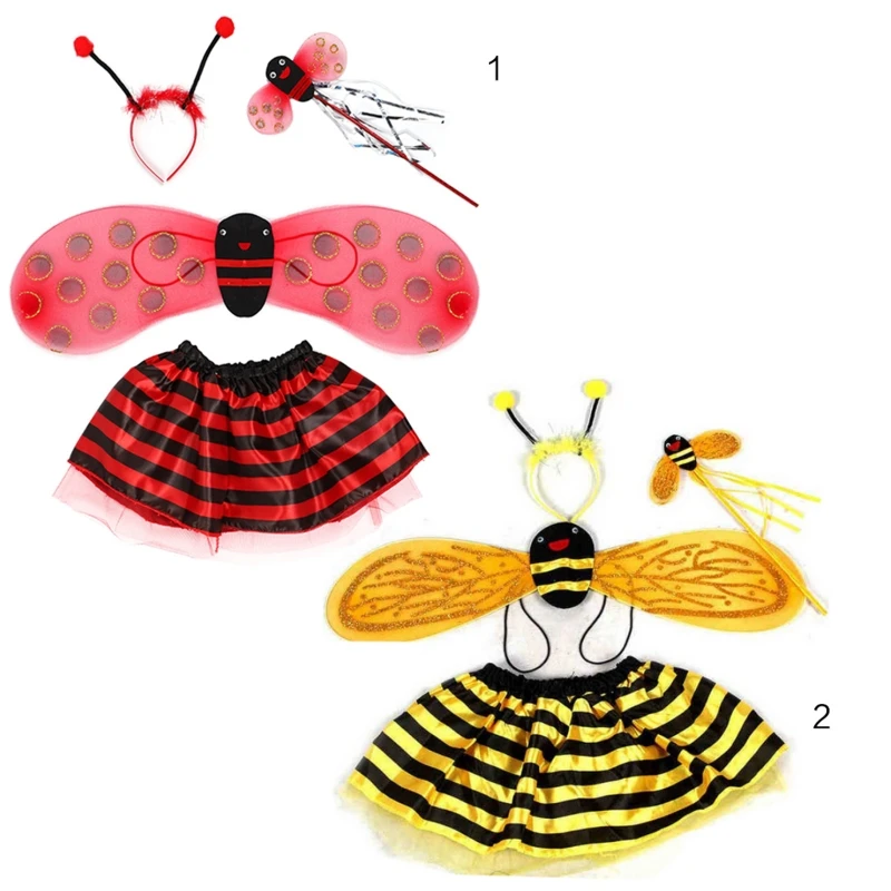 

4Pcs/Set Kid Fairy Costume Set Ladybird Bee Glitter Cute Wing Striped Layered Tu