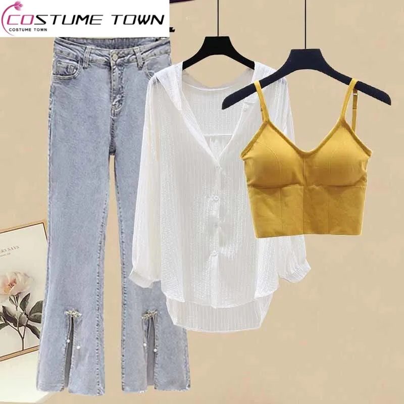 Large Women's Spring Summer Suit Women's 2023 New Fashion Small Strap Loose Shirt High Waist Jeans Two Piece Set