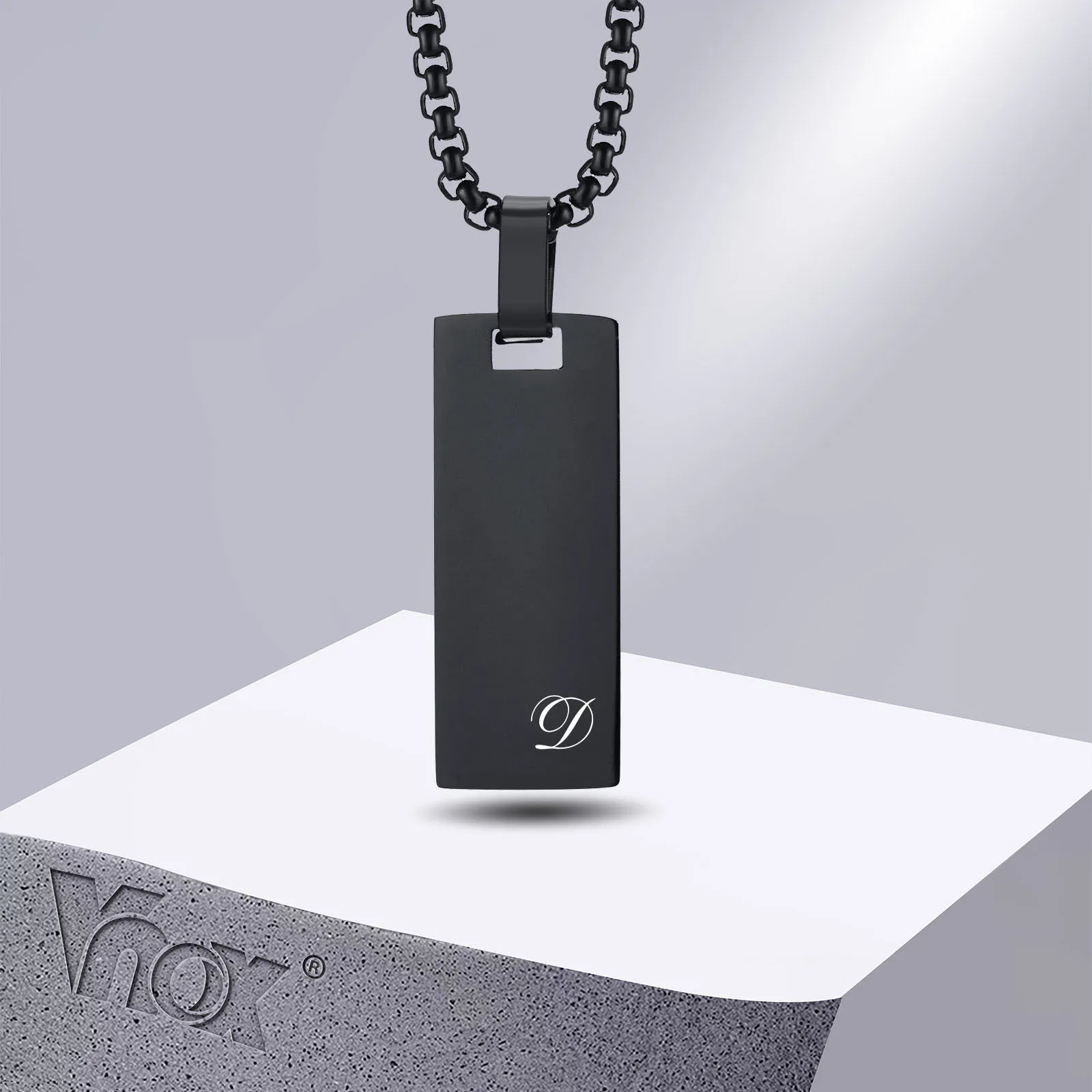 

Vnox Free Customize Initial Necklaces for Men Women, Black Stainless Steel Geometric Rectangle Pendant with Box Chain, Name Gift