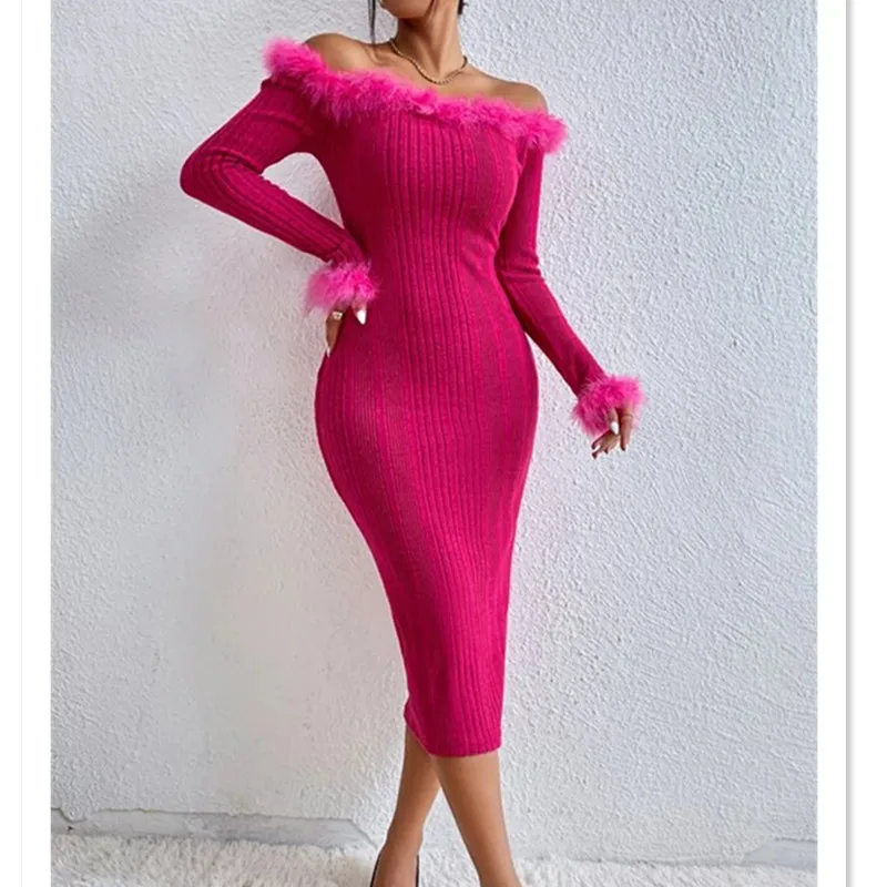 

Women Evening Party Bodycon Dress Women Plush Decor Solid Long Sleeve Off Shoulder Backless Wrapped Vestidos Sexy Clubwear