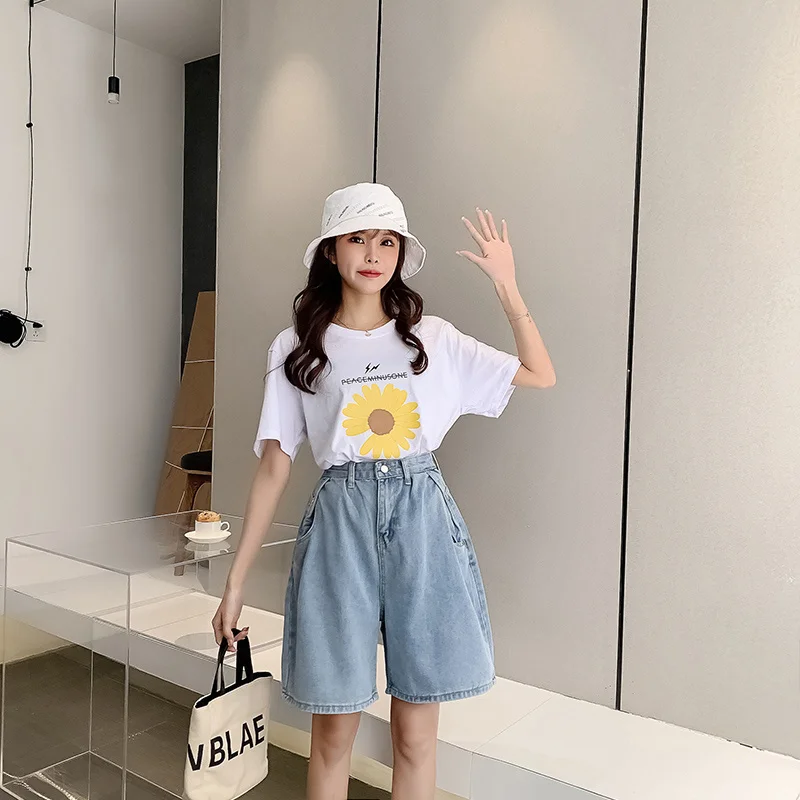 

2023Casual shorts, New Woman Wide Legs High Waist Blue Knee-Lenght Denim Shorts Casual Female Loose Fit Jeans Vintage Ladies Sh