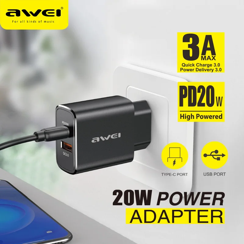 

Awei PD7 20W Fast Charge Adapter QC 3.0 2 Ports Type C Mobile Phone Charger Power Adapter USB Port for Huawei iPhone EU Plug