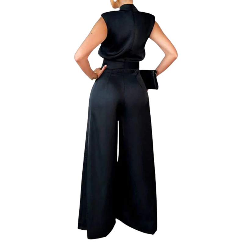 Lemongor Elegant Party Evening Wide Leg Jumpsuits	2023 Summer Sleeveless Solid Color High-Neck Wedding Jumpsuits For Women